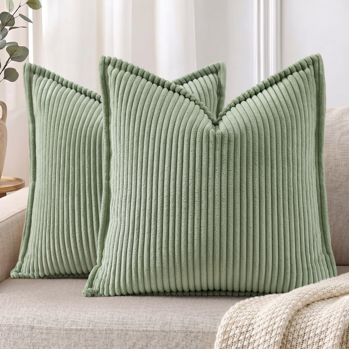 Mecatny Corduroy Fall Throw Pillow Covers 18x18 Set of 2 Olive Green