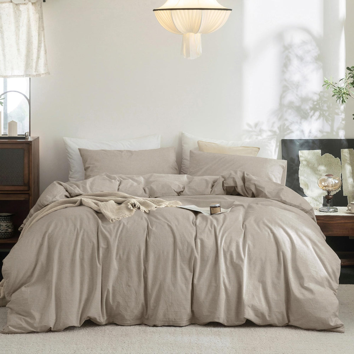 FOSSA Duvet Cover Set 100% Washed Cotton Linen Feel Queen