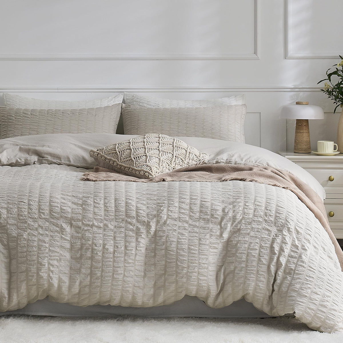JELLYMONI White Seersucker Duvet Cover Set Queen Size