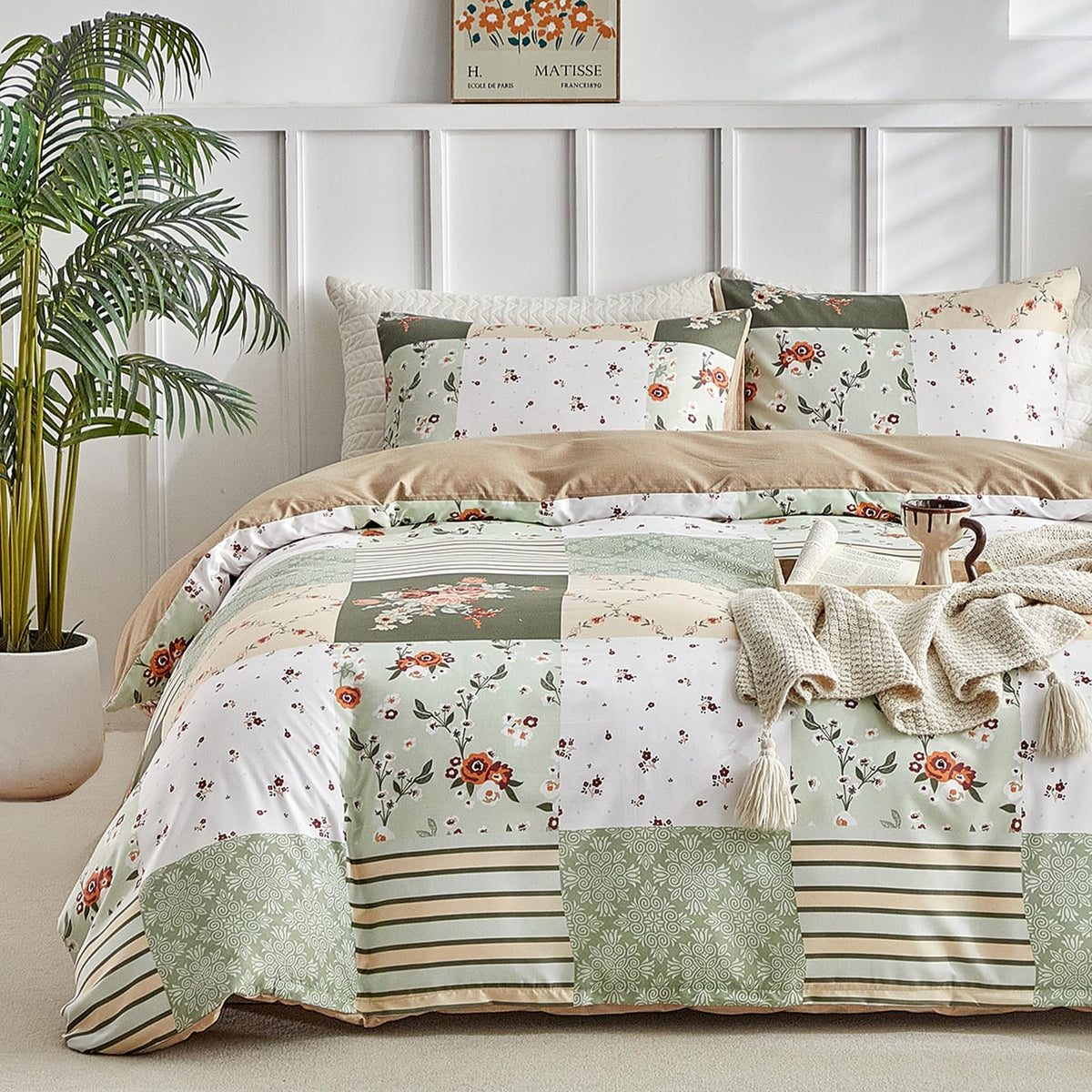 Lekesky Floral Duvet Cover Queen Size 3-Piece, Sage Green