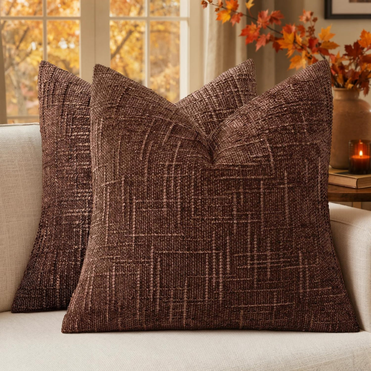 MIULEE Chenille Textured Throw Pillow Covers Cream White 20x20 Set of 2