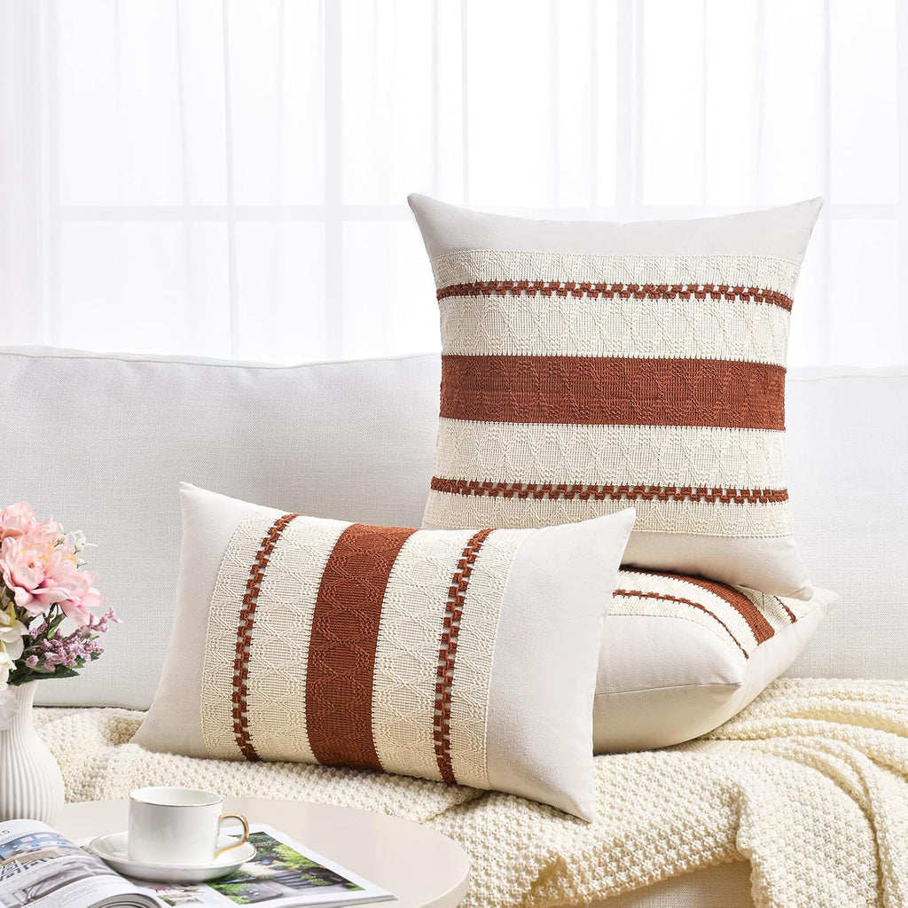 Fancy Homi Set of 2 Rust Boho Decorative Throw Pillow Covers 18x18 Inch for Couch Bed Sofa, Aesthetic Modern Organic Fall Room Decor, Soft Cotton Cute Terracotta Textured Farmhouse Cushion Case