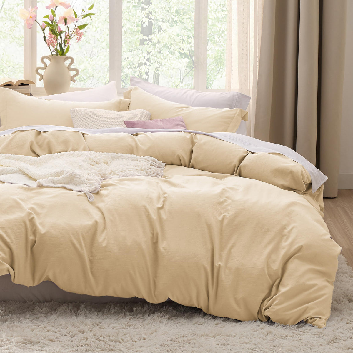 Bedsure Prewashed Duvet Cover Queen, Cotton-Like Bedding Set, Olive Green