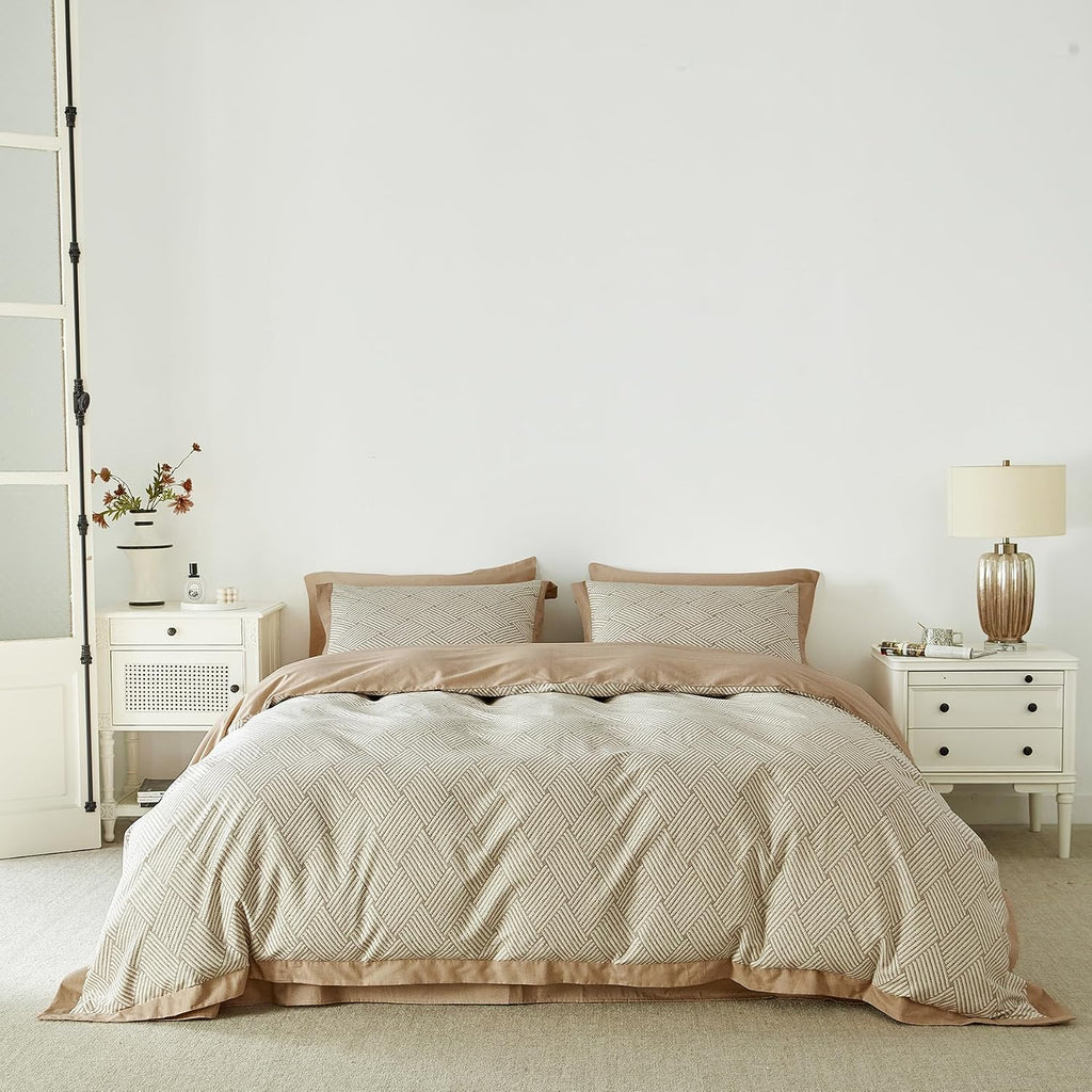 SUSYBAO Taupe Geometric Duvet Cover Queen 100% Cotton 3 Pieces Set