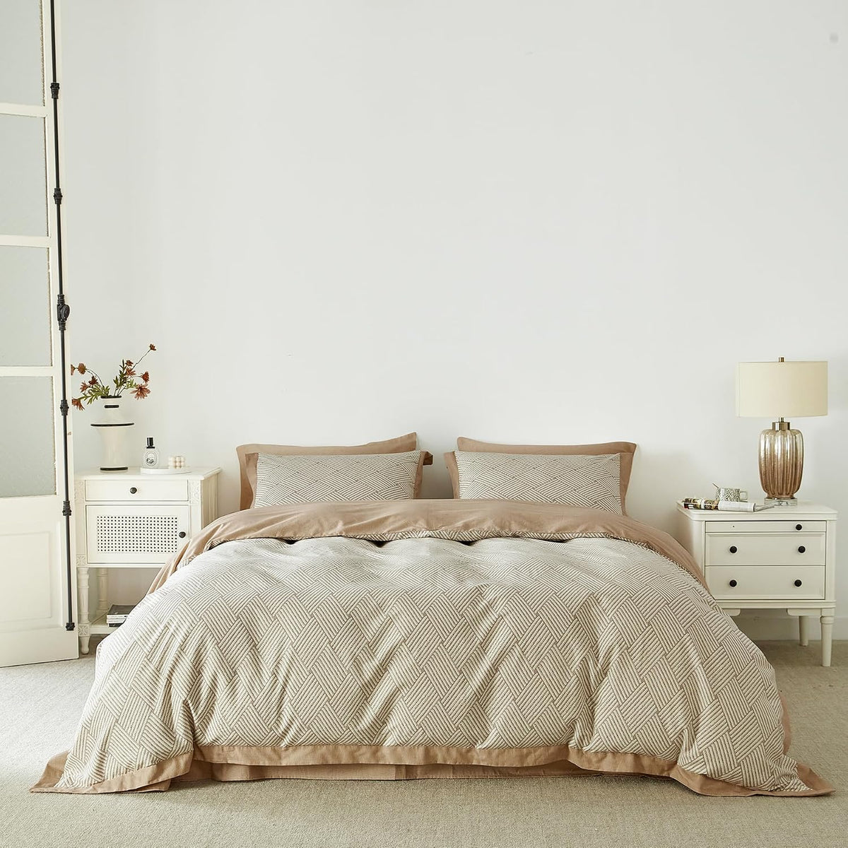 SUSYBAO Taupe Geometric Duvet Cover Queen 100% Cotton 3 Pieces Set