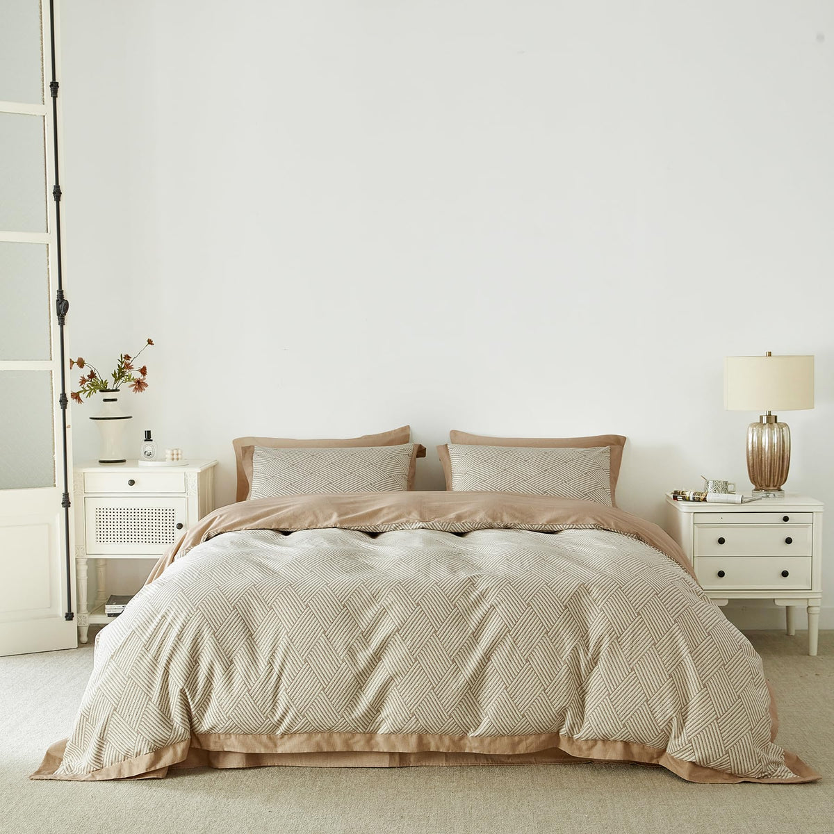SUSYBAO Taupe Geometric Duvet Cover Queen 100% Cotton 3 Pieces Set