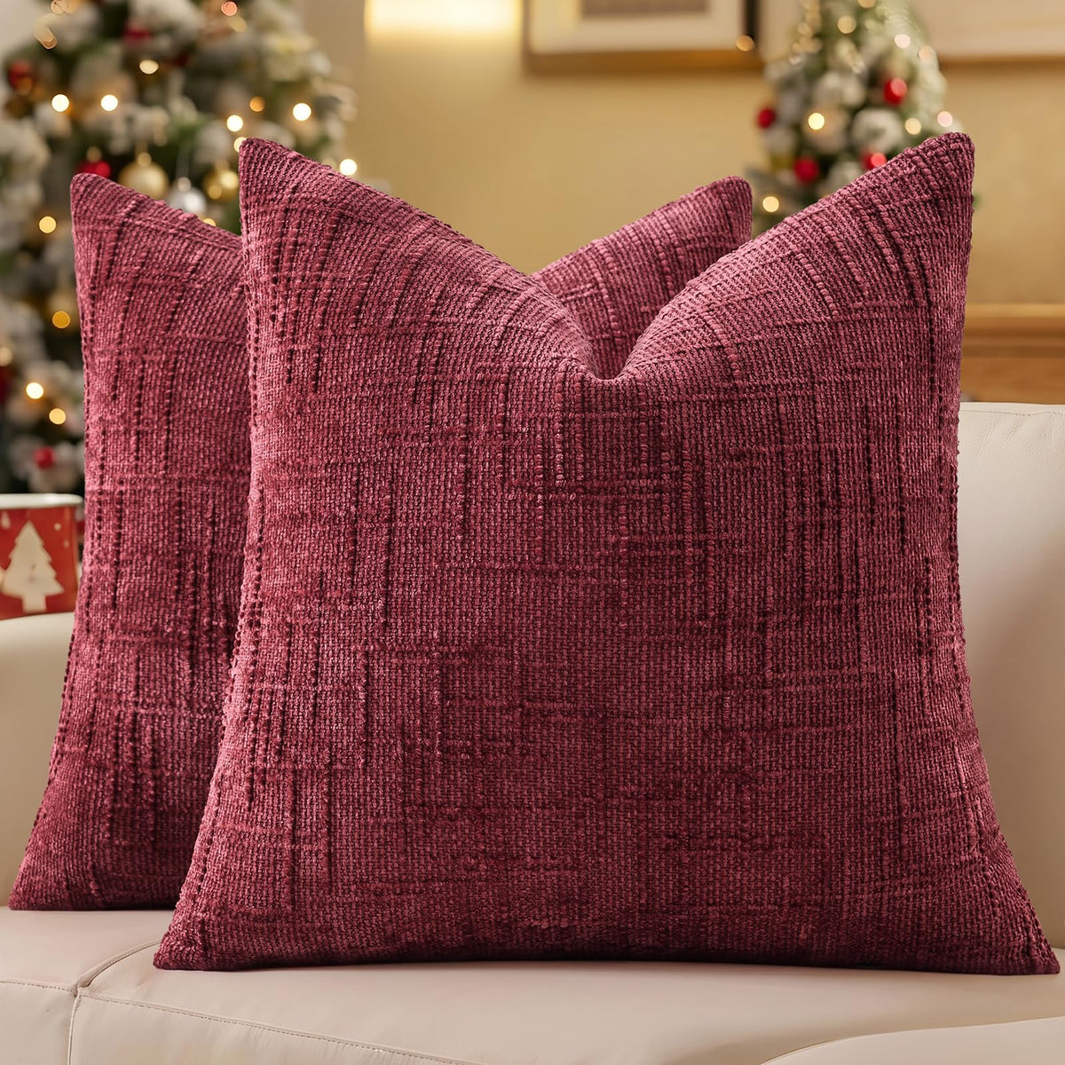 decorUhome Textured Chenille Throw Pillow Covers 18x18 Set of 2 Rust
