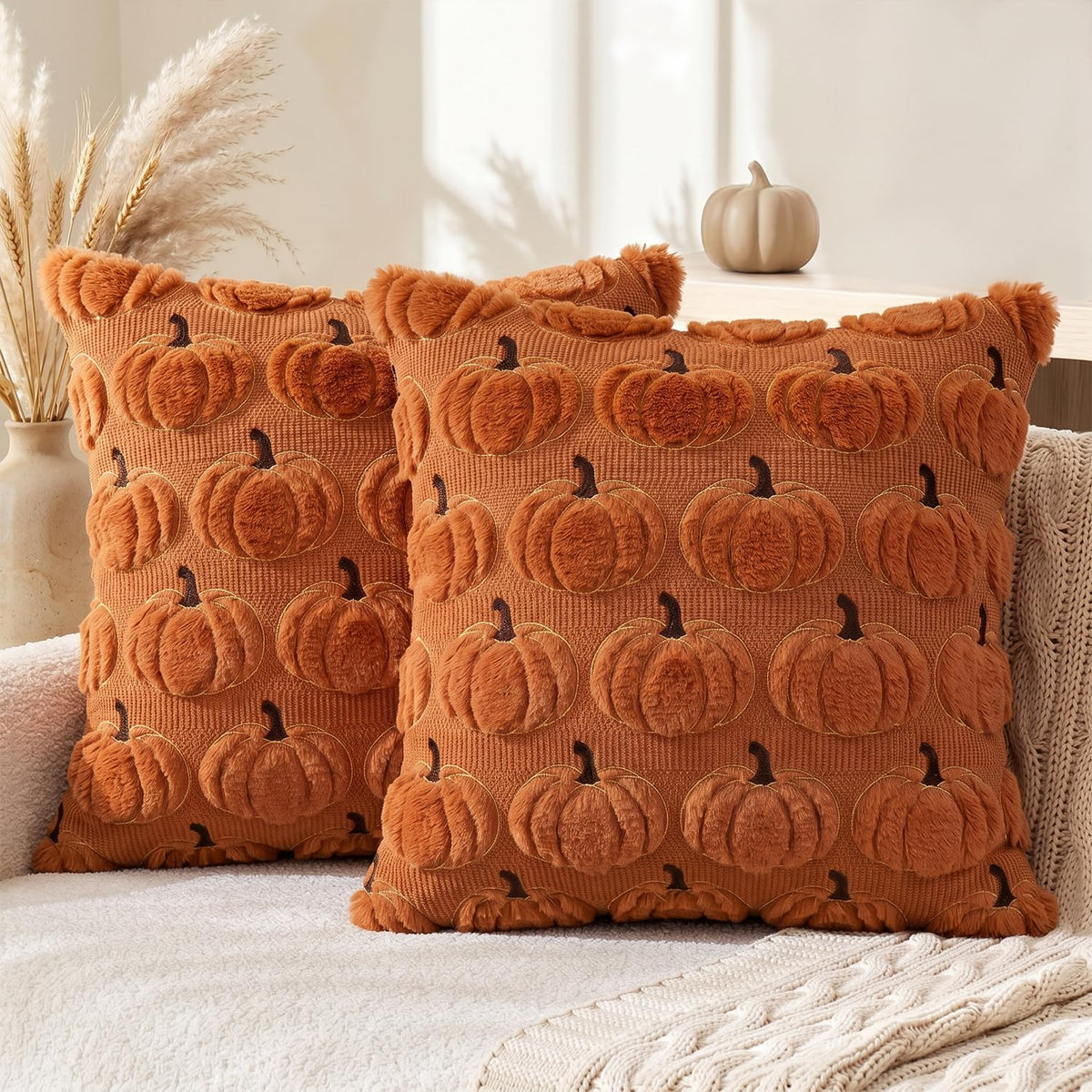 AVOIN colorlife Beige Fall Pumpkin Throw Pillow Covers 18x18 Inch