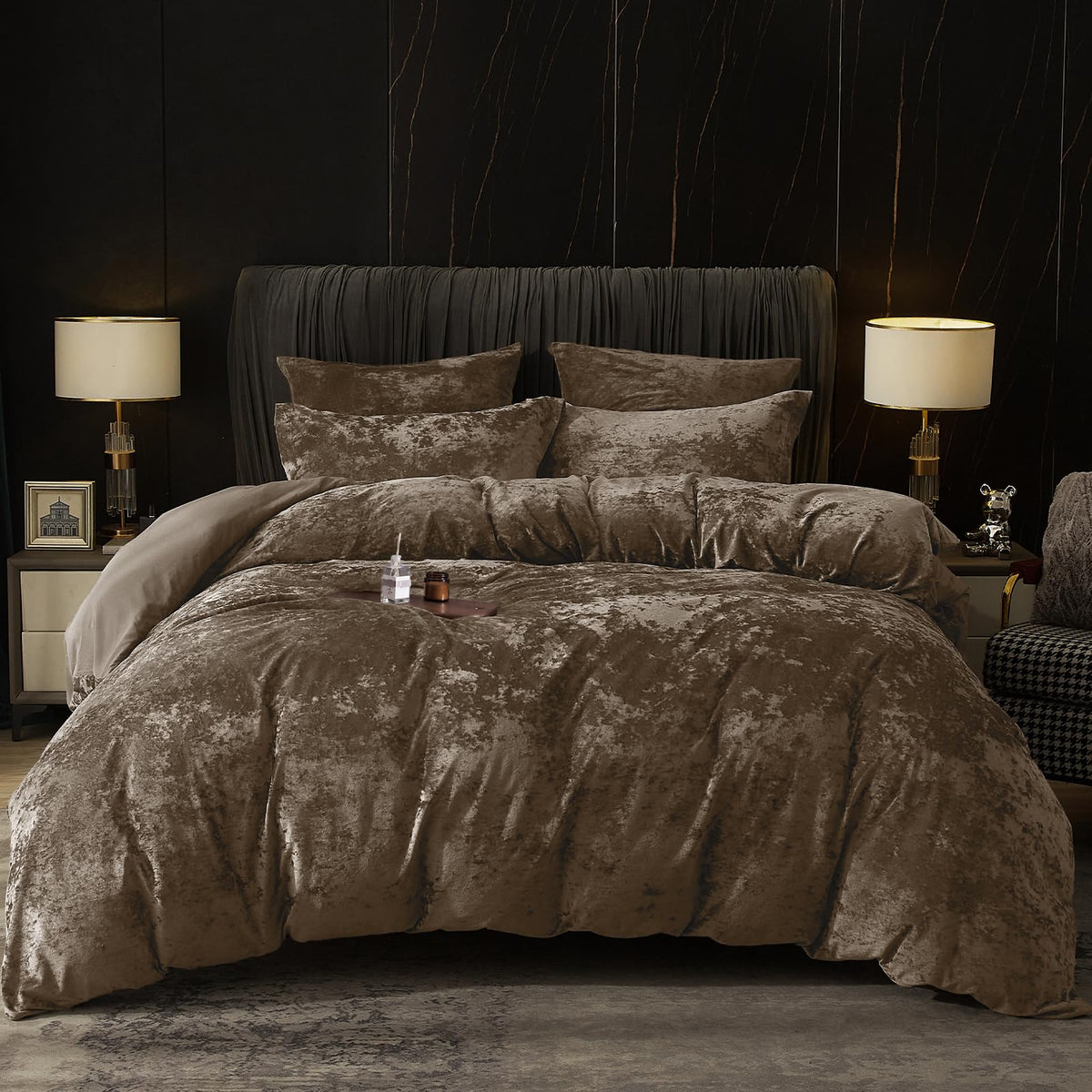 PHF Luxury Velvet Duvet Cover Set King Size, 3pcs 104" x 90", Black