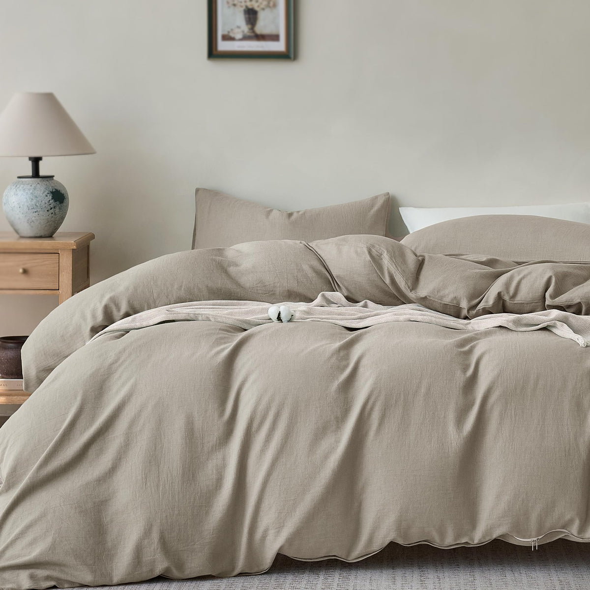 JELLYMONI 100% Cotton King Duvet Cover Set, Washed Linen-Like Texture