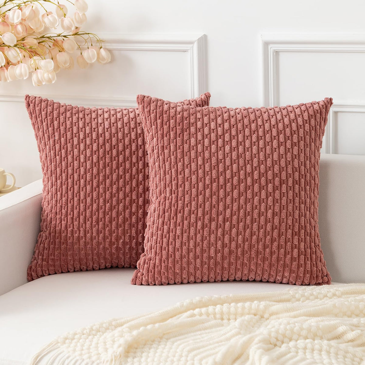 Kevin Textile Soft Corduroy 18x18 Inch Pillow Covers 2 Pack, Burnt Brick