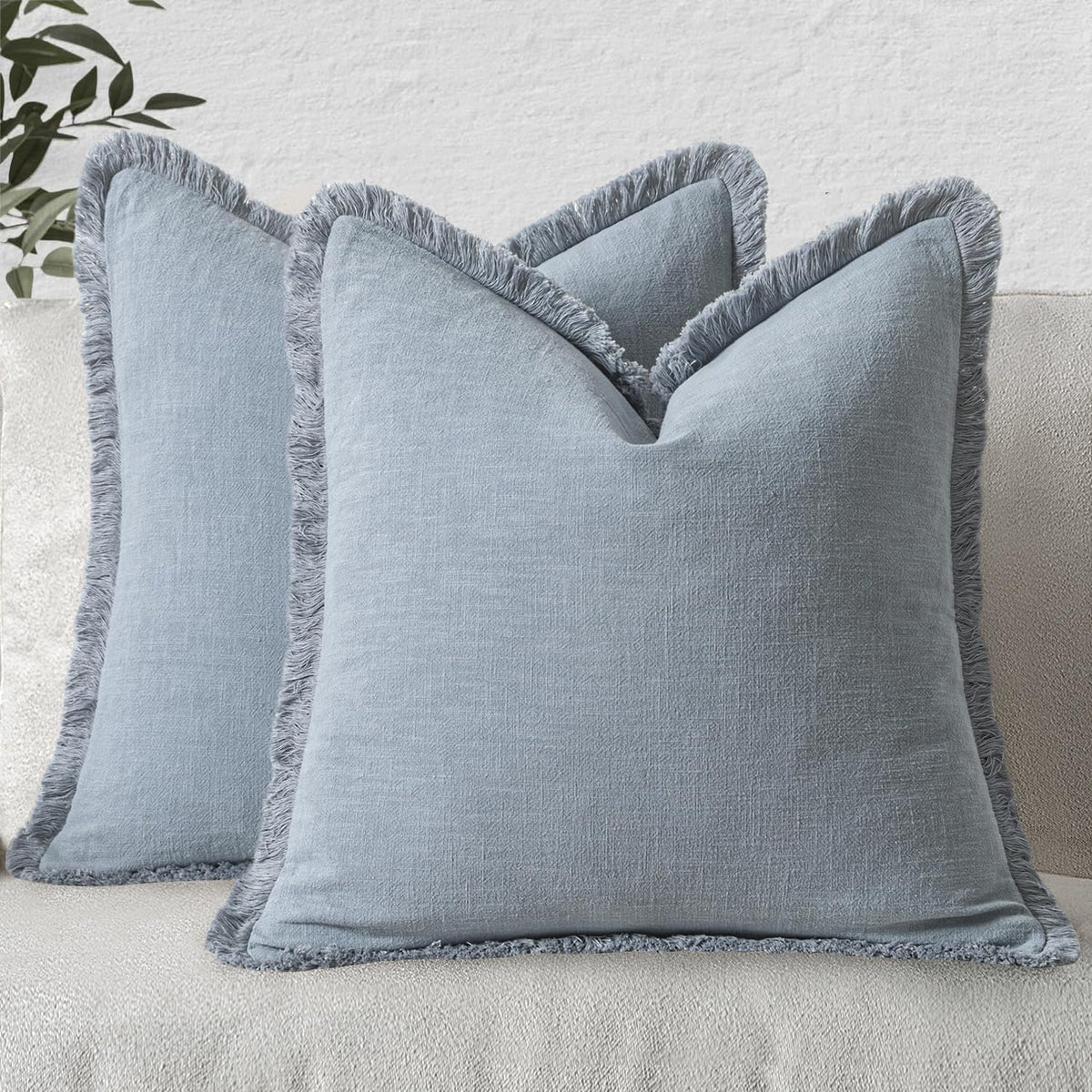 MIULEE Boho Linen Fringe Decorative Throw Pillow Covers Olive Green 20x20