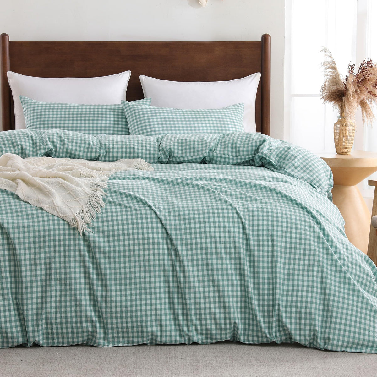 Cotton Brown Gingham Duvet Cover Bedding Set Linen Like, Queen