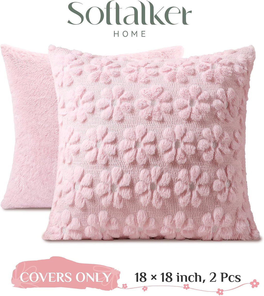 Softalker Spring Summer Throw Pillow Covers 18 x 18 Inch Set of 2, Farmhouse Decorative Floral Daisy Soft Faux Fur Cushion Covers, 3D Pillow Cases for Couch Bedroom Living Sofa Room Home Decor, Pink