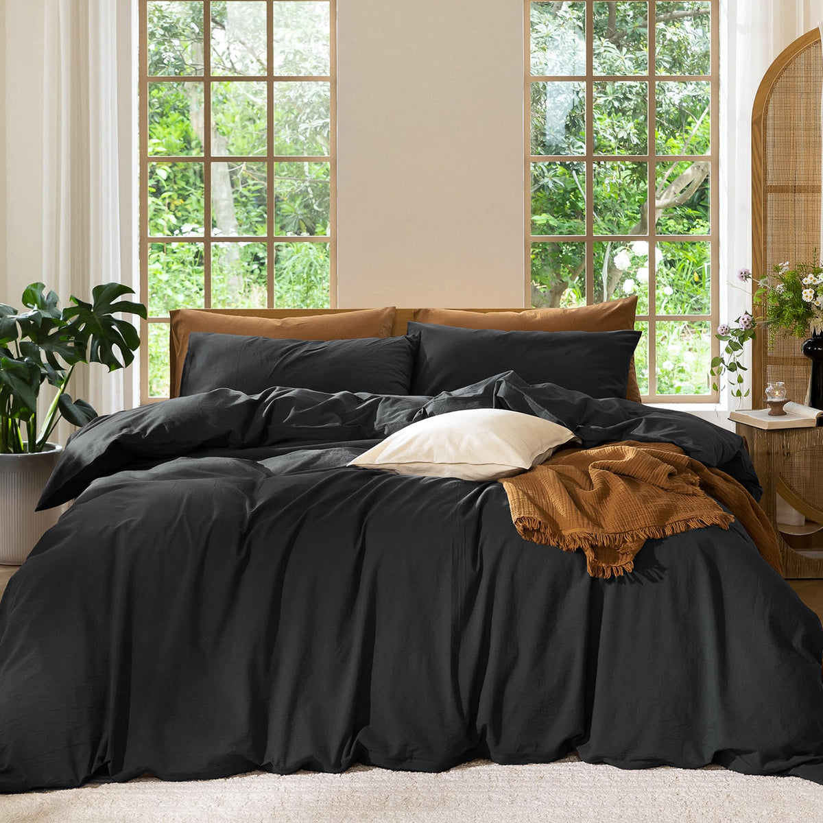MooMee Duvet Cover Set 100% Washed Cotton Linen Like King