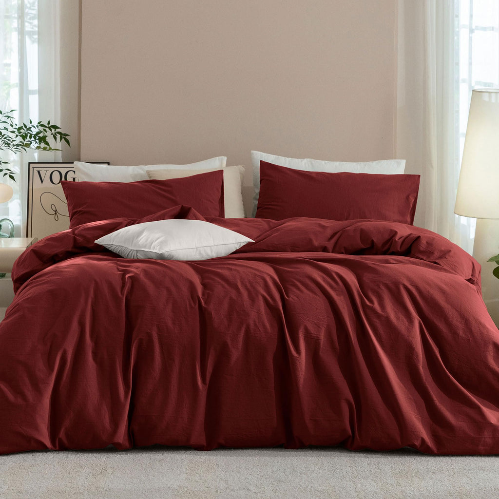 JIYUAN Queen Washed Cotton Duvet Cover Set, 3-Piece, Relaxed Linen Feel