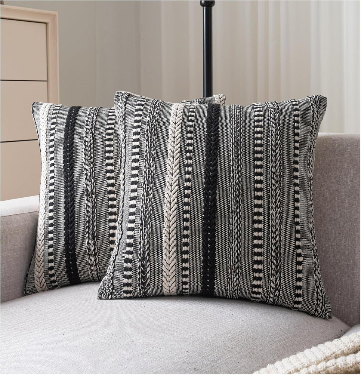 Cethom Boho Throw Pillow Covers 18x18 Inch Set of 2, Farmhouse Decorative Couch Pillow Cases, Black Accent Pillows of Bed, Sofa Bedroom Living Room Home Decor Cushion Cover