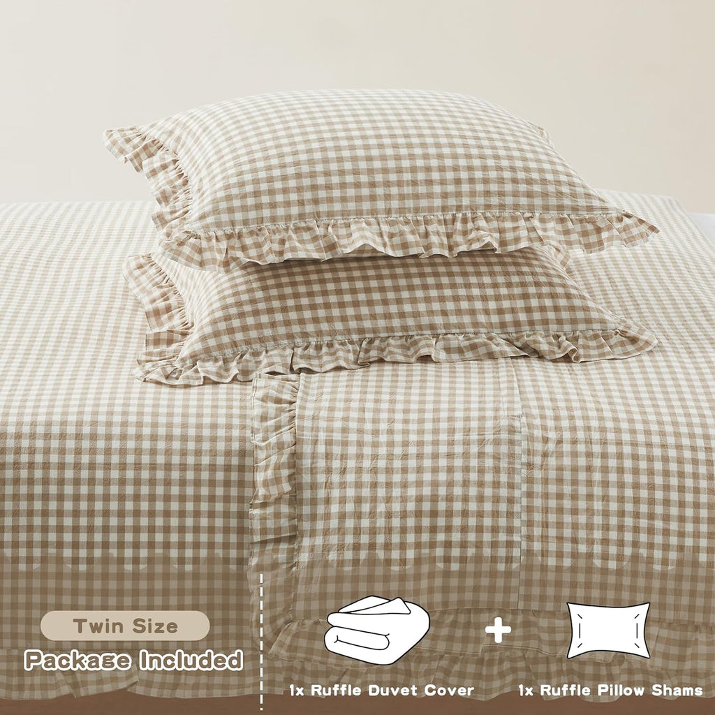 Taupe Gingham Ruffle Duvet Cover King Size 3 Piece