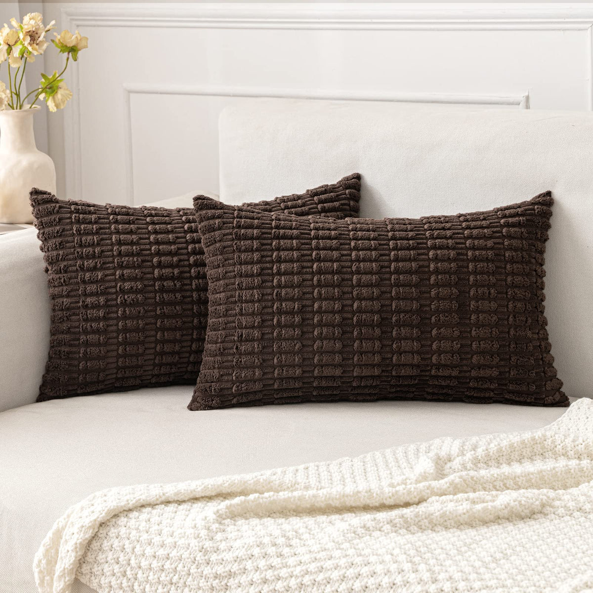 MIULEE Corduroy Decorative Throw Pillow Covers 20x20 Cream White Pack of 2