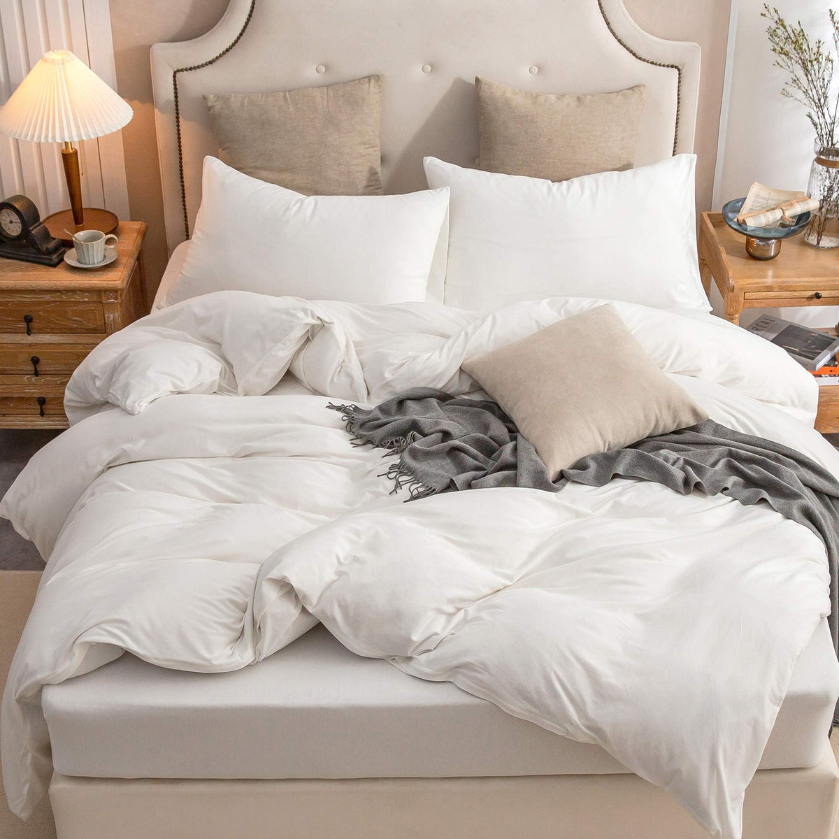 PURE ERA Jersey Knit Duvet Cover Set 100% T-Shirt Cotton Super Soft Comfy 3pc Bedding Set with Zipper Closure (Heather Beige, Queen)