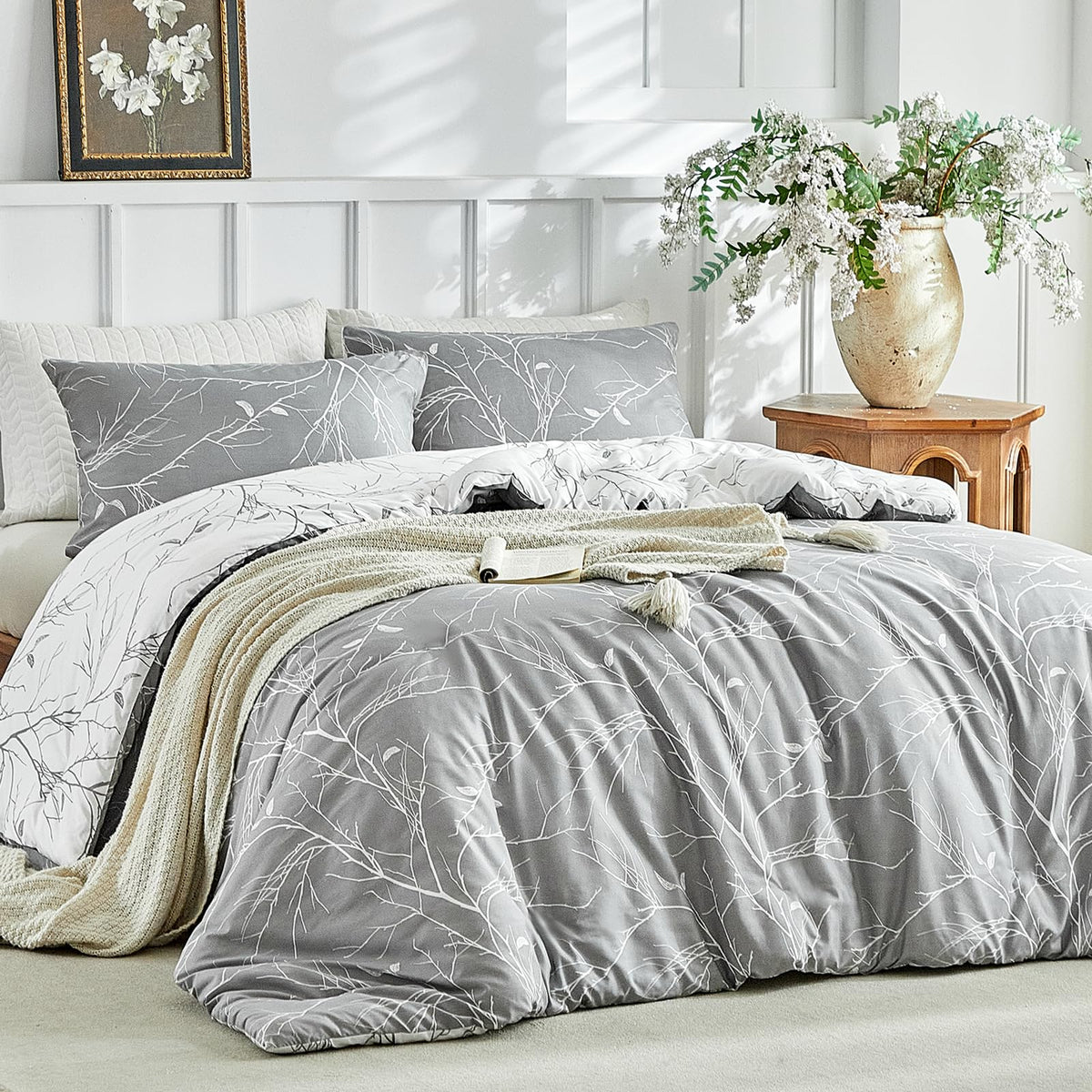 Lekesky Floral Duvet Cover Queen Size 3-Piece, Sage Green
