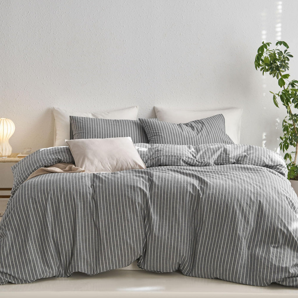 MooMee Striped Duvet Cover Set 100% Washed Cotton Linen Like Queen
