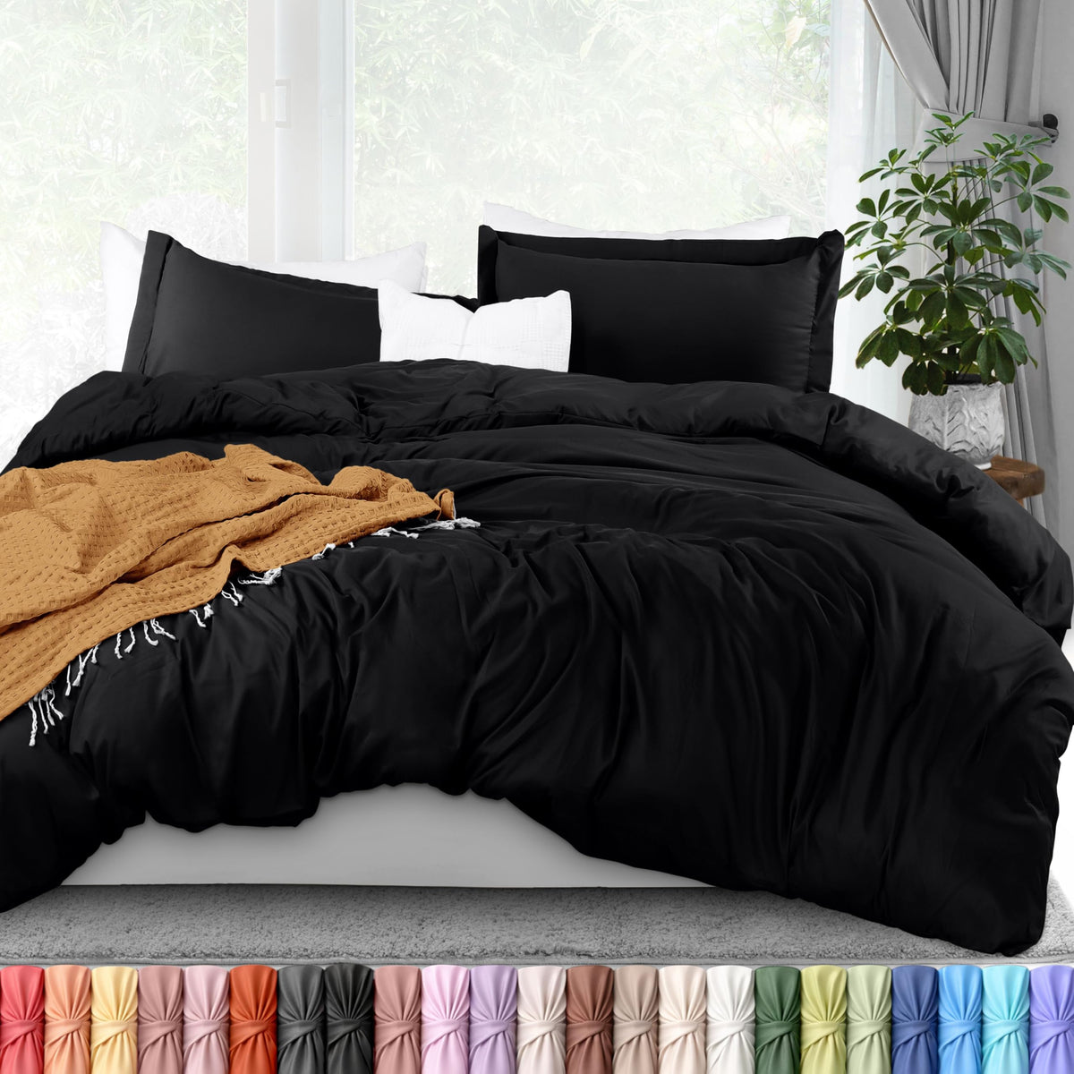 Duvet Cover Queen, 3 Piece Cotton Like Polyester with Zipper Closure, Black