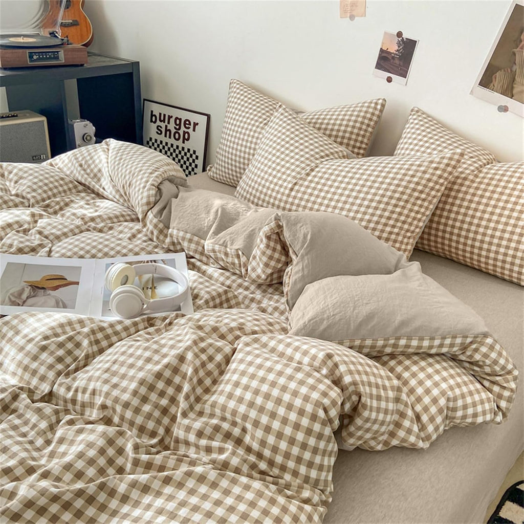 Nayoroom Gingham Duvet Cover Set Queen Brown Tan Plaid Checkered Bedding