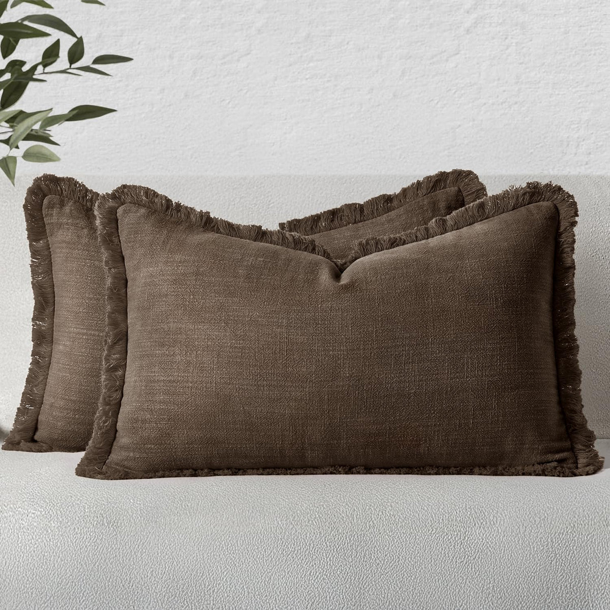 MIULEE Boho Linen Fringe Decorative Throw Pillow Covers Olive Green 20x20