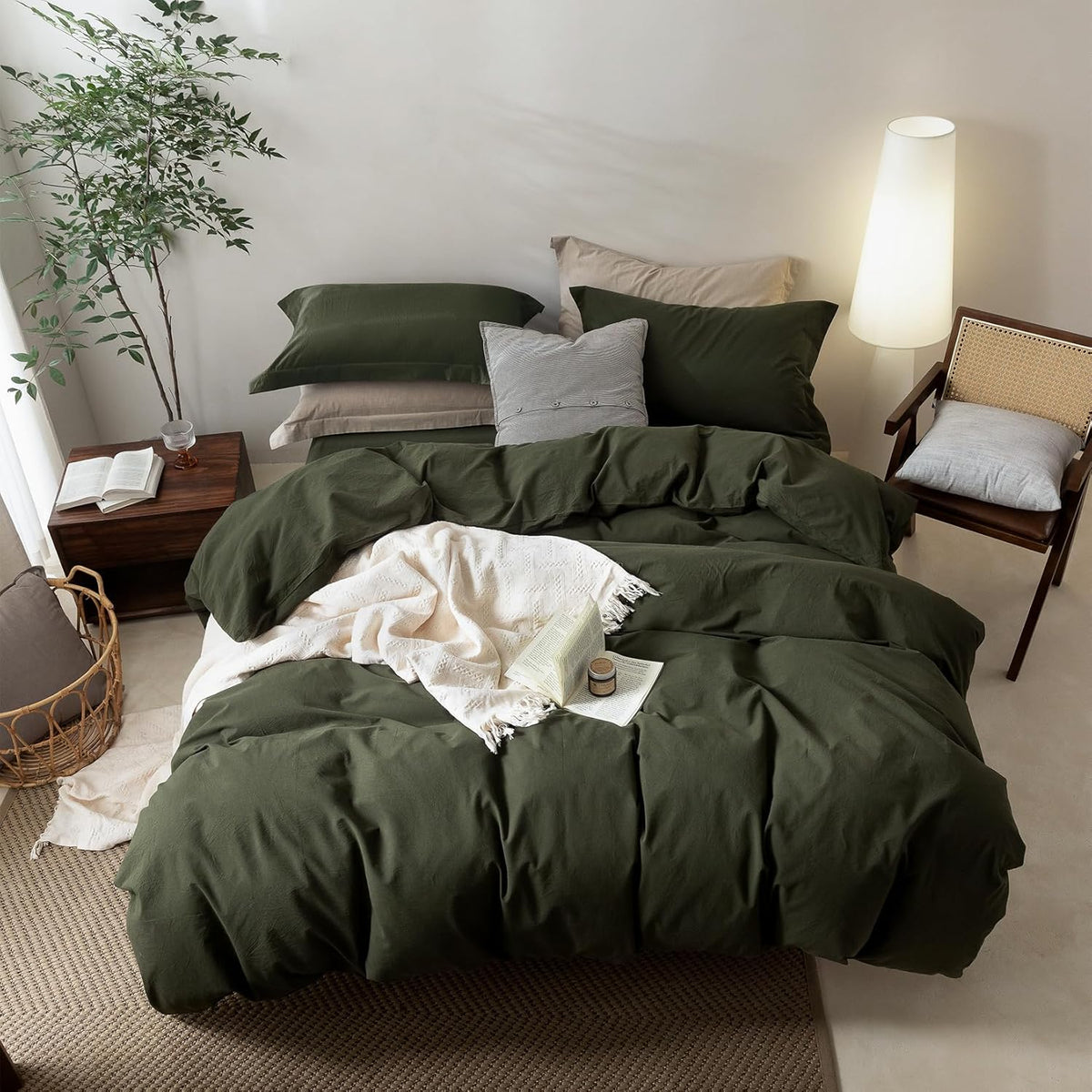 BDEAR 3Pcs Olive Green Duvet Cover Set Queen Size 90" L x 90" W,Oeko TEX
