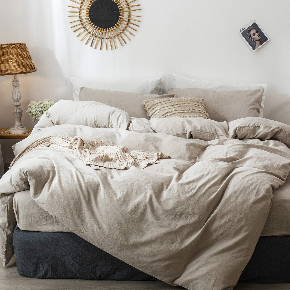 MooMee Duvet Cover Set 100% Washed Cotton Linen Like King