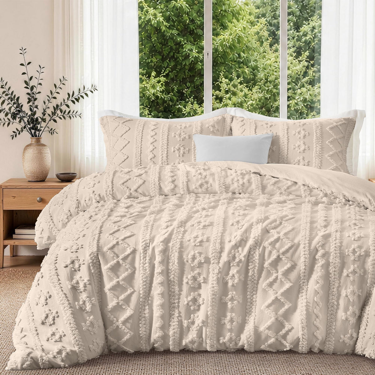 Maple&Stone Boho Duvet Cover Queen, White Tufted 3-Piece Set