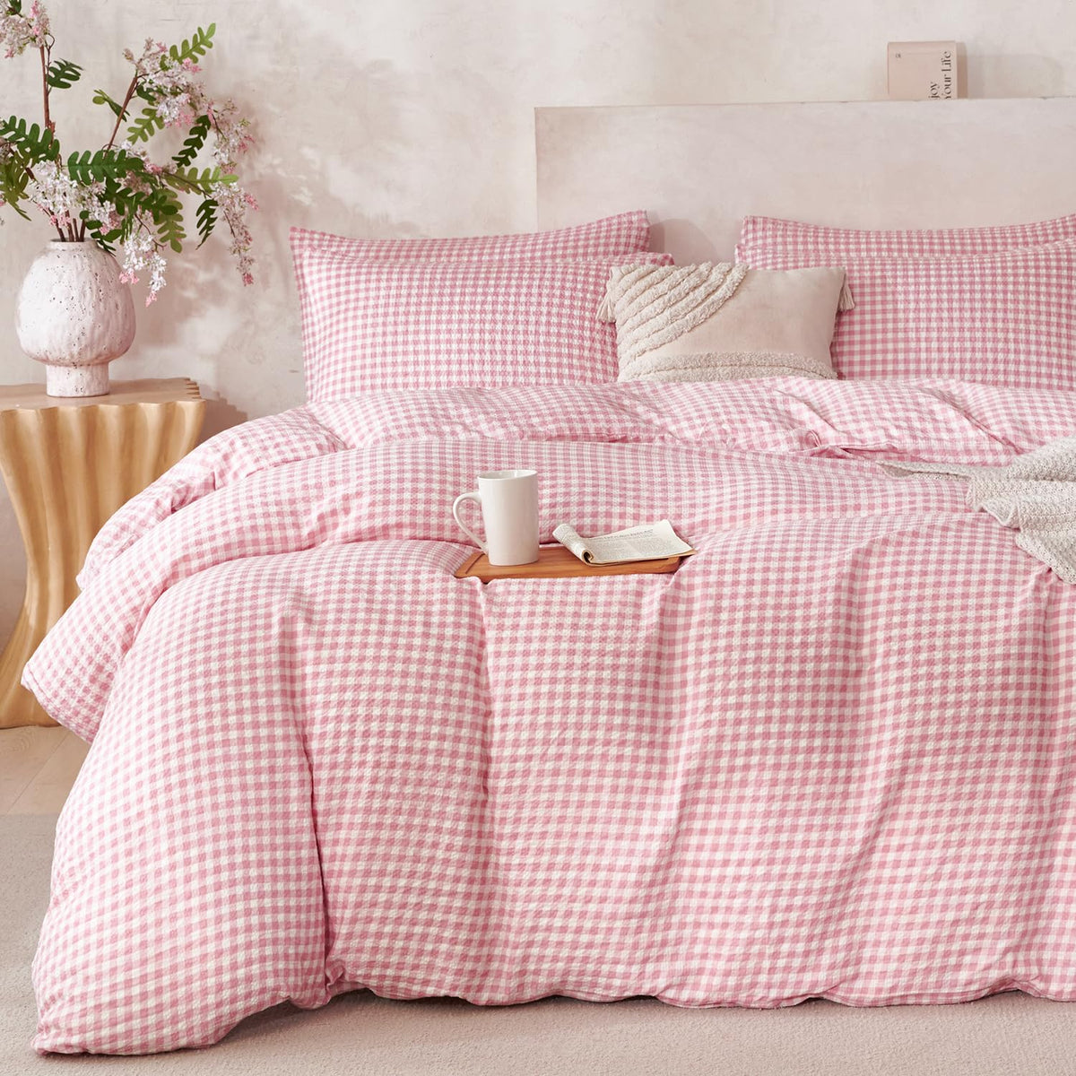 King Size Duvet Cover Set Floral Luxury Soft Brushed Microfiber Crinkle Gauze Fabric 3 Pieces Bedding Set Flower Pattern Duvet Cover King with Zipper Closure Breathable Comfy