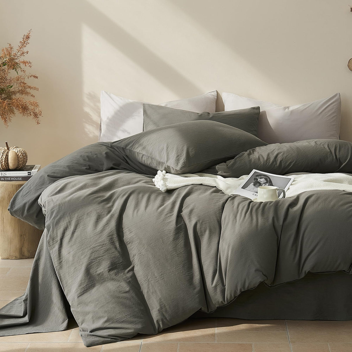 JELLYMONI 100% Cotton King Duvet Cover Set, Washed Linen-Like Texture