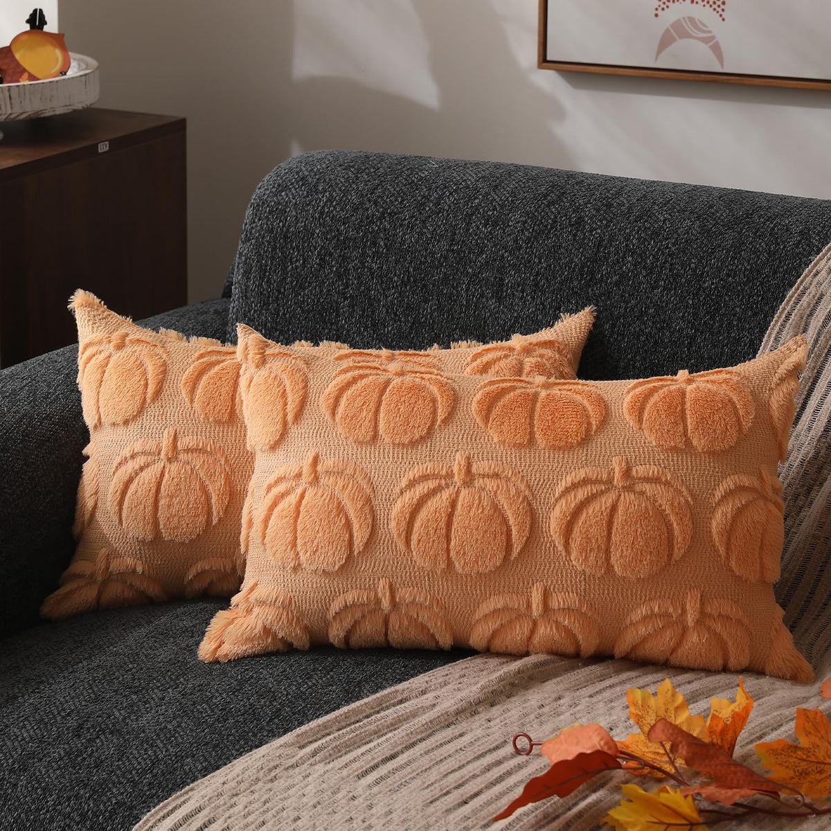 DFXSZ Fall Pillow Covers 18x18 2Pcs Beige Pumpkin Fall Decorations for Home
