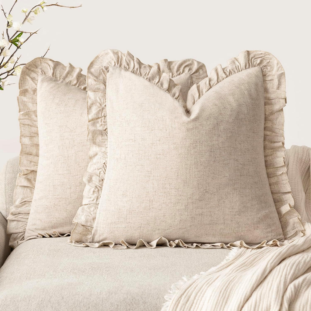Foindtower Set of 2 Decorative Soild Fringe Ruffle Throw Pillow Covers Soft Boho Farmhouse Cushion Cover Cozy Accent Retro Pillowcase for Couch Sofa Bed Living Room Home Decor,18×18 Inch,Natural Beige