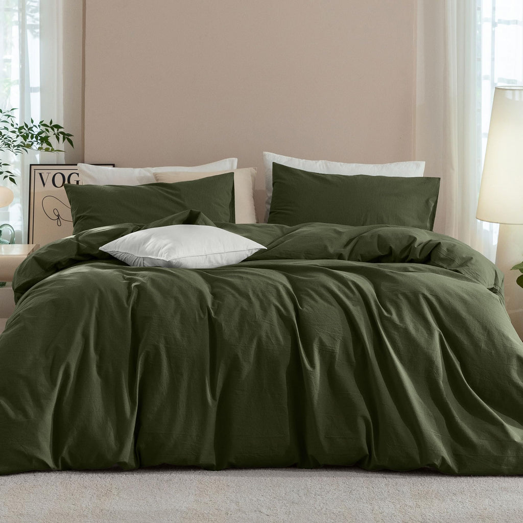 JIYUAN Queen Washed Cotton Duvet Cover Set, 3-Piece, Relaxed Linen Feel