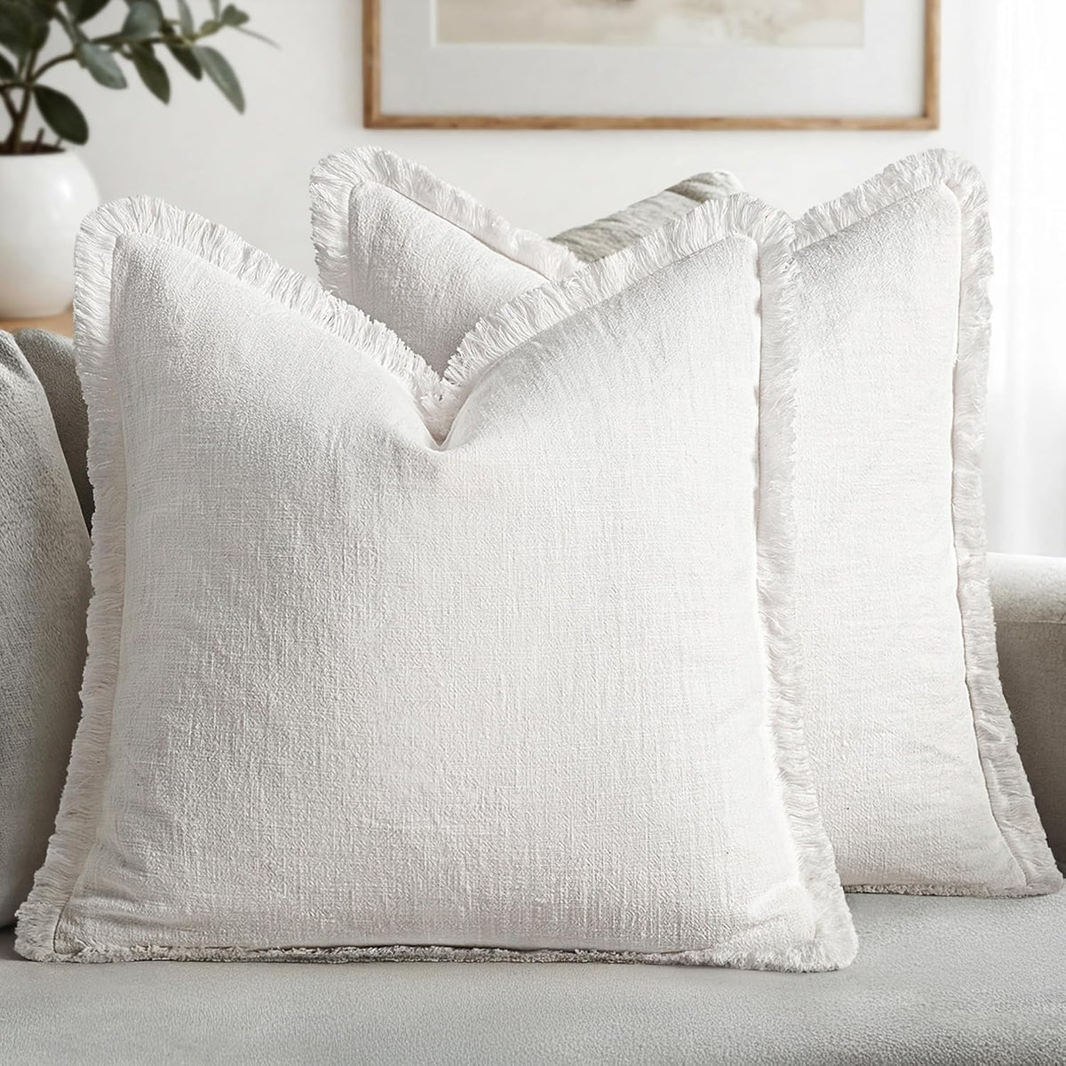 MIULEE Boho Linen Fringe Decorative Throw Pillow Covers Olive Green 20x20