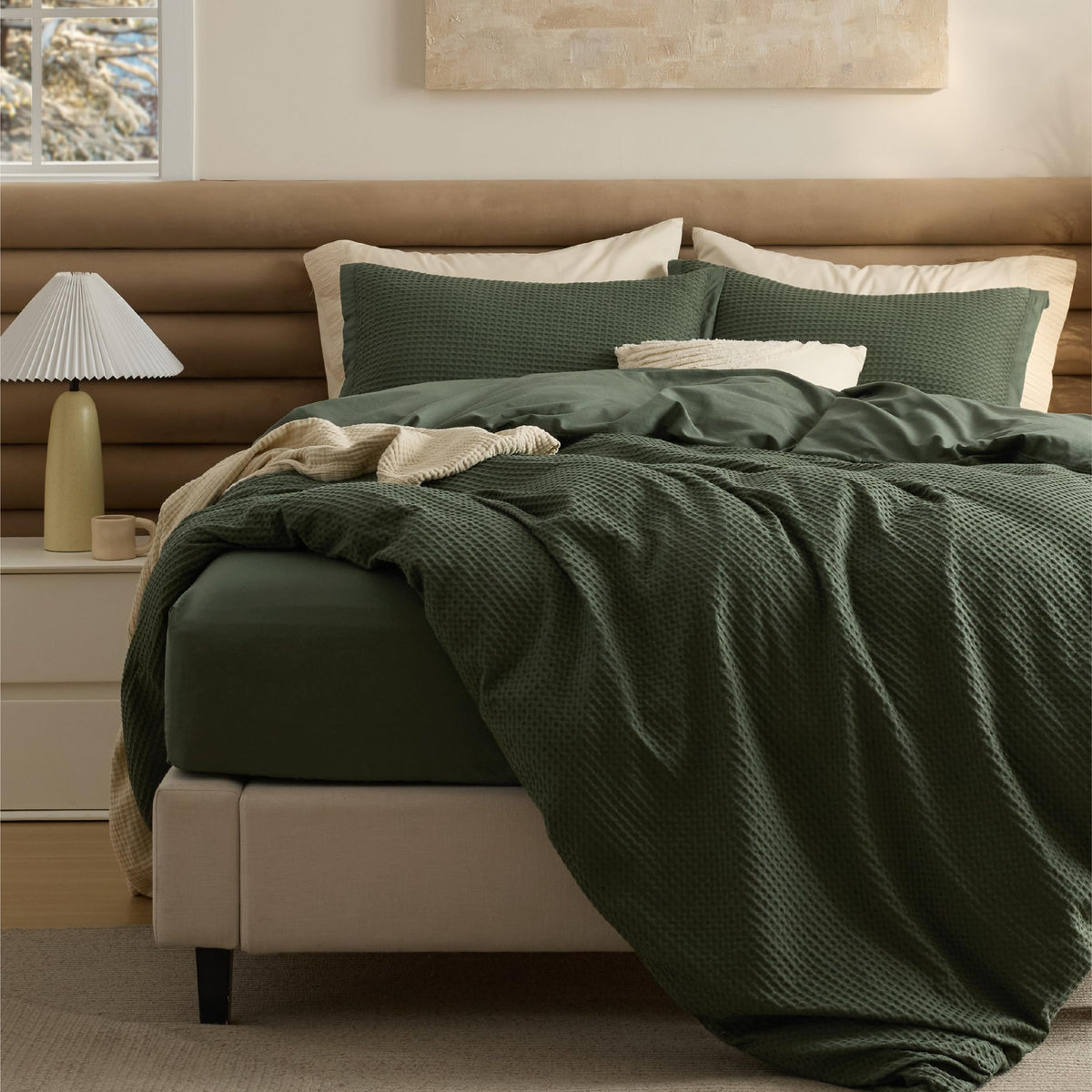 Bedsure PureWoven 3 Pieces 100% Cotton Waffle Duvet Cover Set, King, Linen