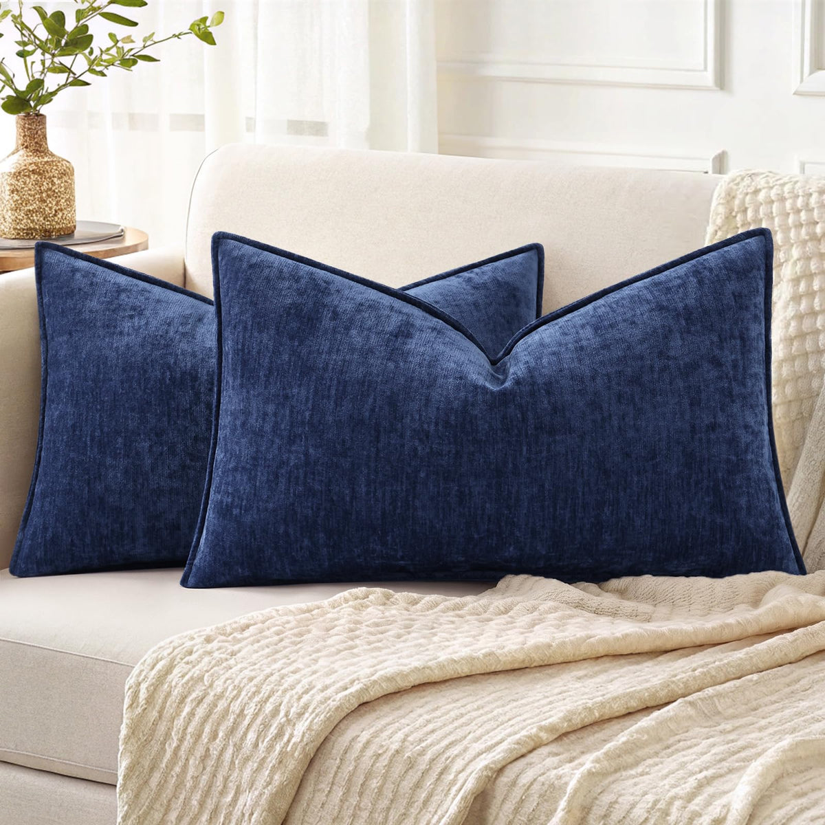 decorUhome Chenille Beige Velvet Throw Pillow Covers 20x20 Set of 2