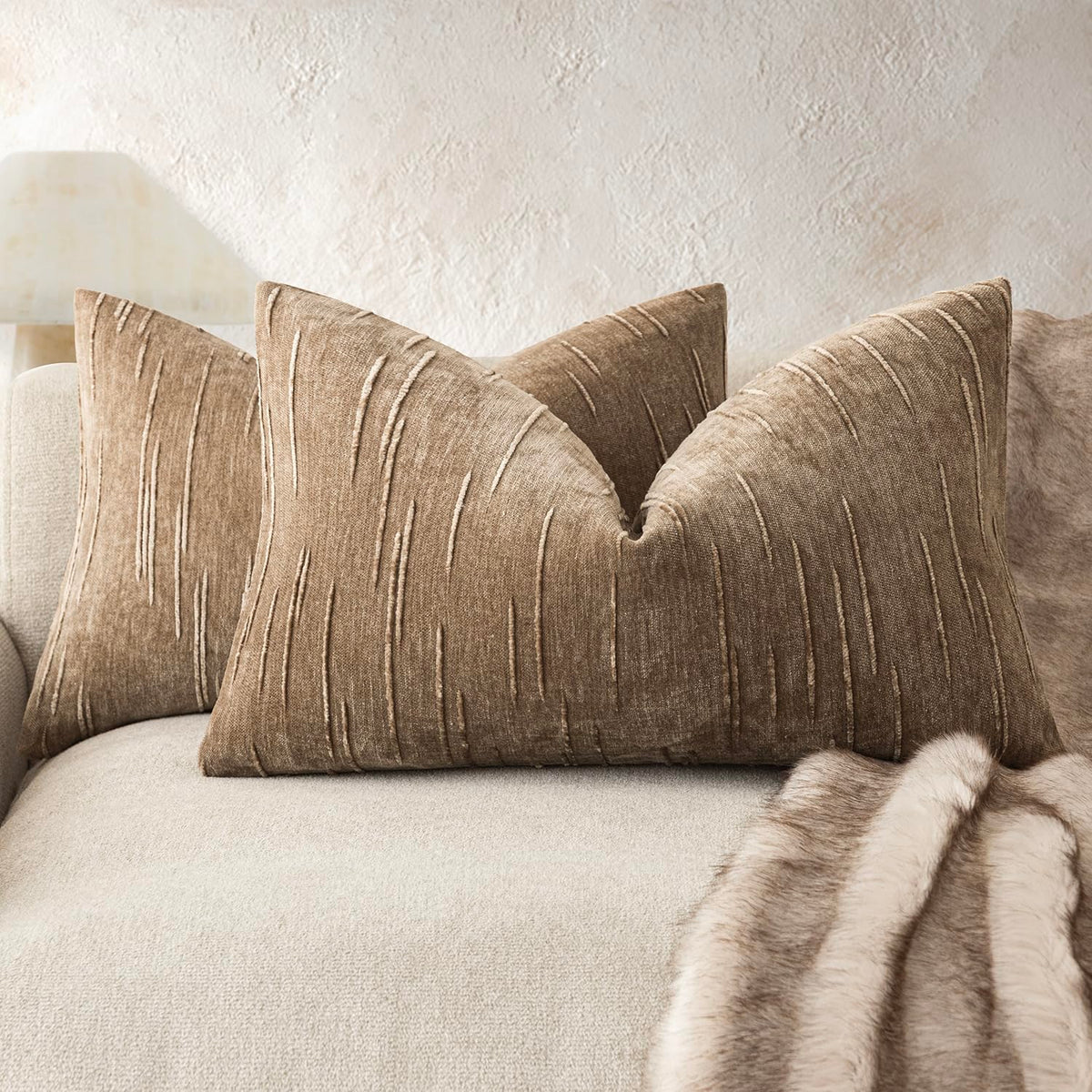 Foindtower Pack of 2 Slubby Textured Chenille Throw Decorative Pillow Covers Square Accent Solid Cushion Cover Soft Farmhouse Pillow Case for Couch Sofa Bedroom Living Room 20x20 Inch,Dark Olive Green