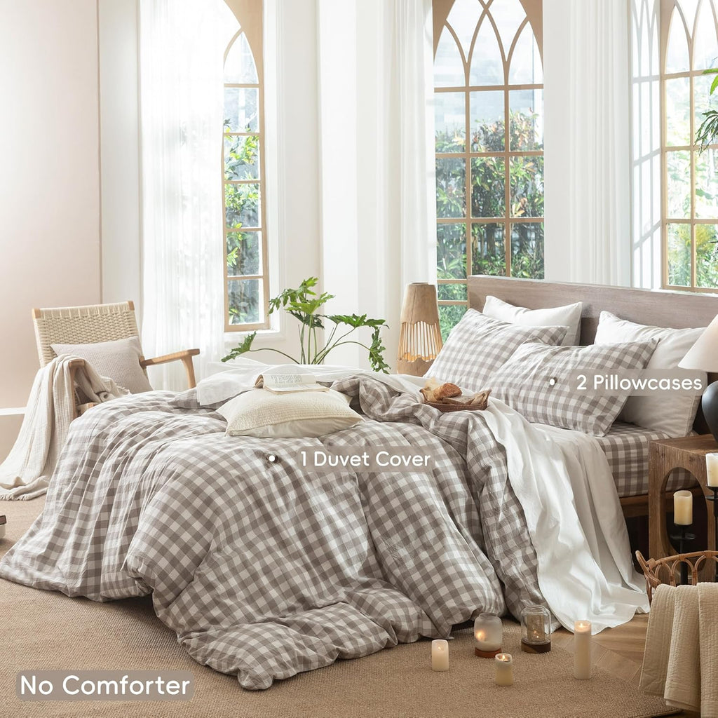 MooMee Gingham Duvet Cover Set 100% Washed Cotton Linen Like King