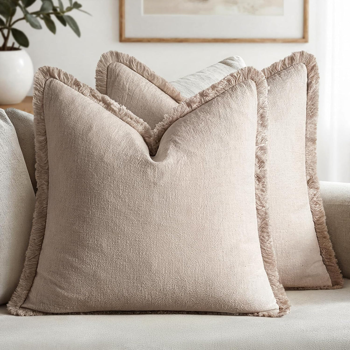 MIULEE Boho Linen Fringe Decorative Throw Pillow Covers Olive Green 20x20