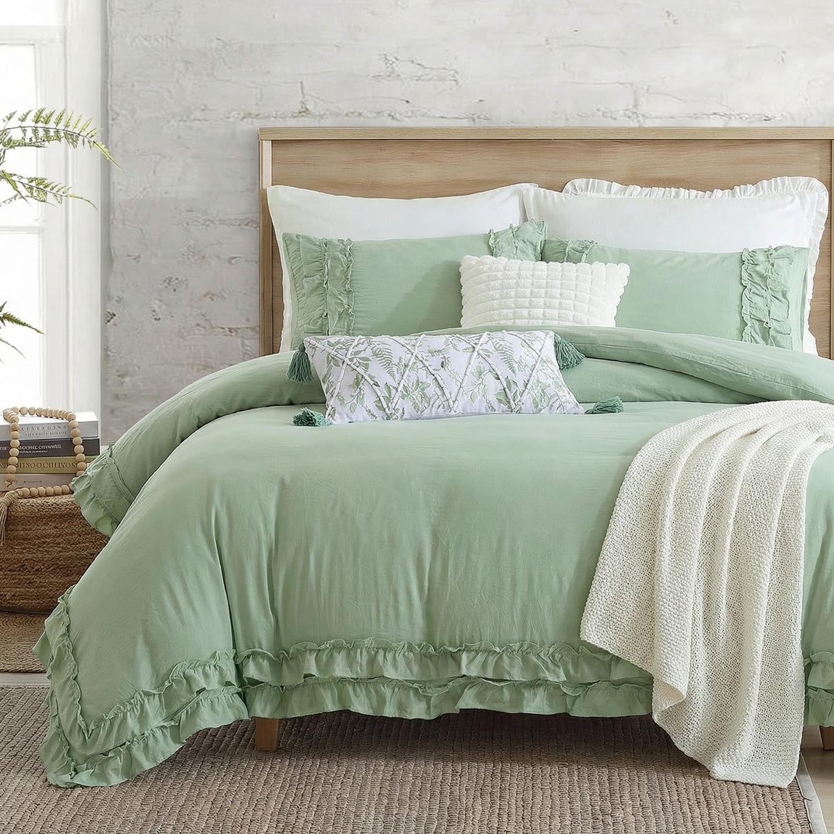 Bedorm Beige Duvet Cover Set Queen Ruffle Bedding Set Pleat Ruffled Shabby Chic Comforter Cover Extra Soft & Easy Care White Boho Duvet Cover with Zipper Closure