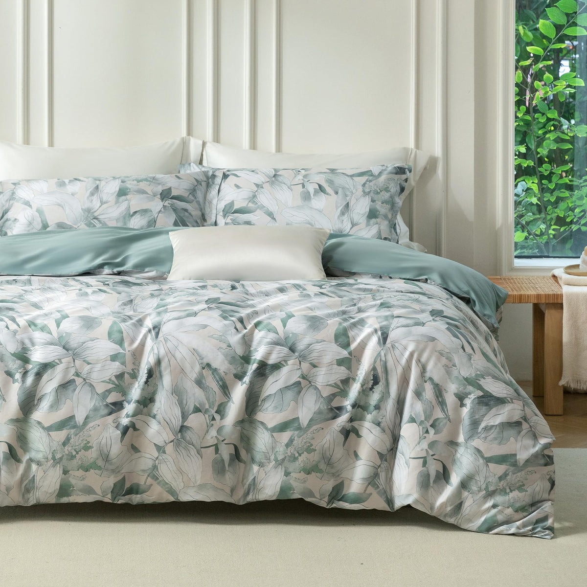 MILDLY White Floral Green Leaves Luxury Duvet Cover Set 3pcs Queen