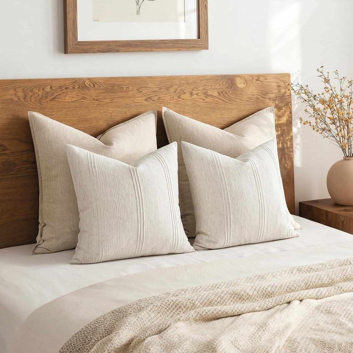 MIULEE Decorative Striped Throw Pillow Covers 18x18 in Natural Beige 2 Pack