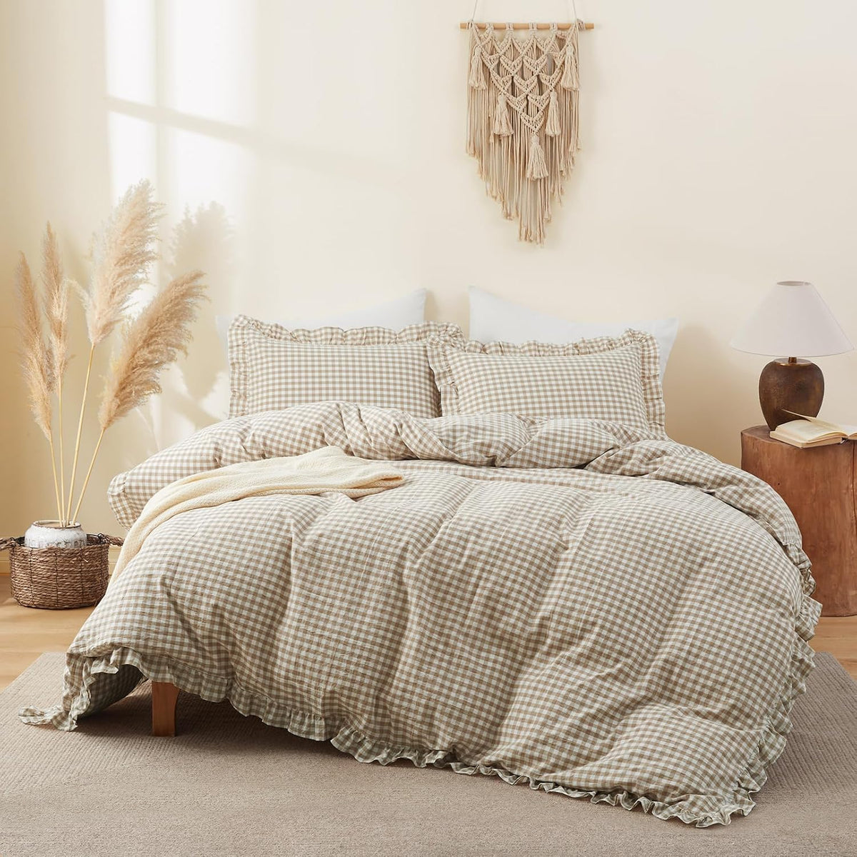 Taupe Gingham Ruffle Duvet Cover King Size 3 Piece
