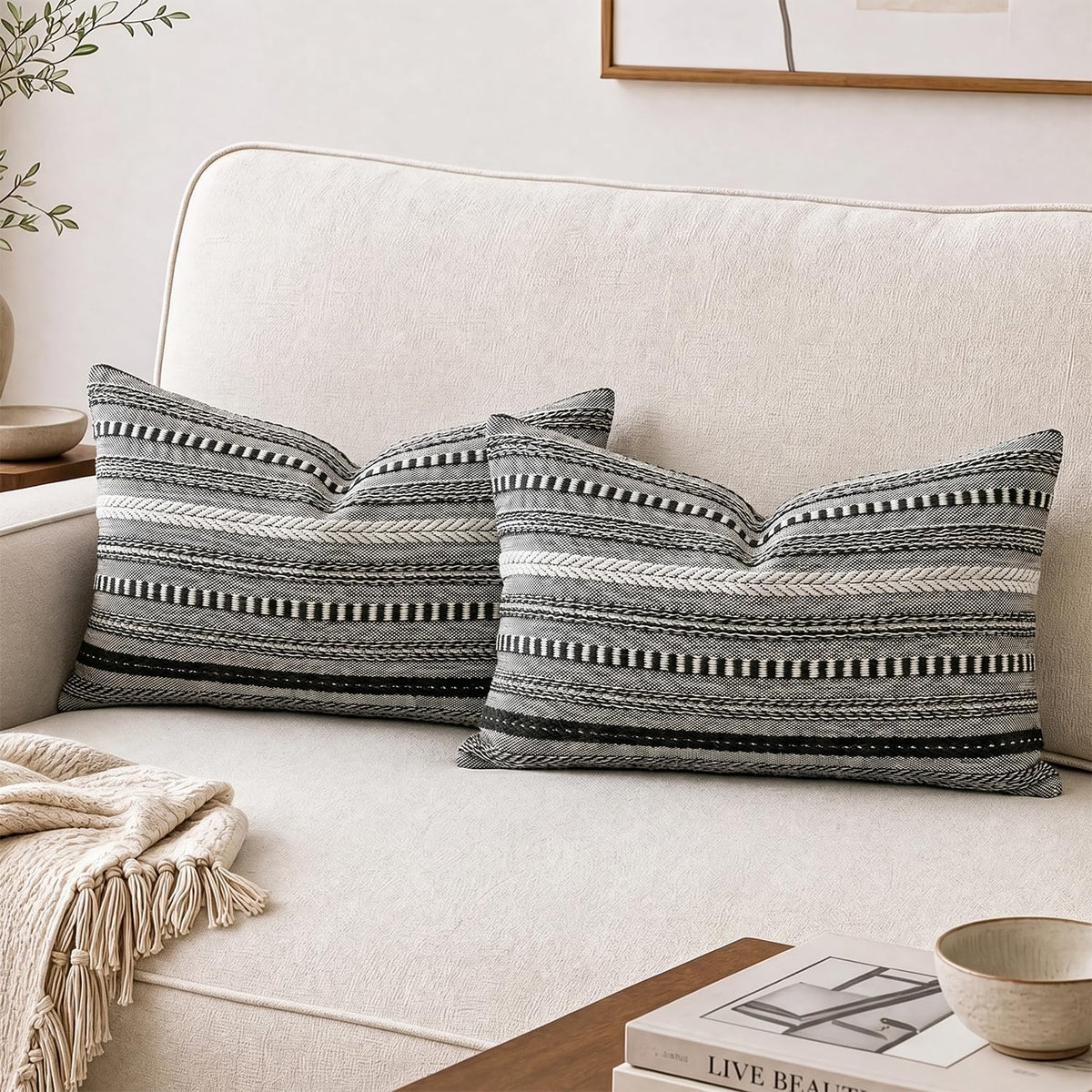AVOIN colorlife Pink Boho Decorative Throw Pillow Covers Set of 2, 18 x 18 Inch Woven Stripe Textured Rustic Cushion Case Home Decor for Living Room Couch Sofa