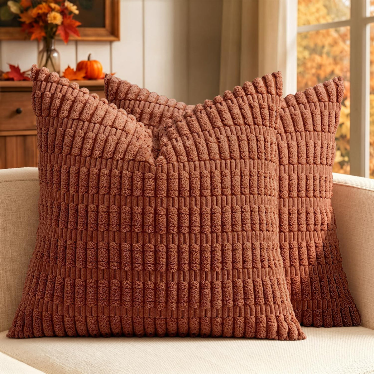 MIULEE Corduroy Decorative Throw Pillow Covers 20x20 Cream White Pack of 2