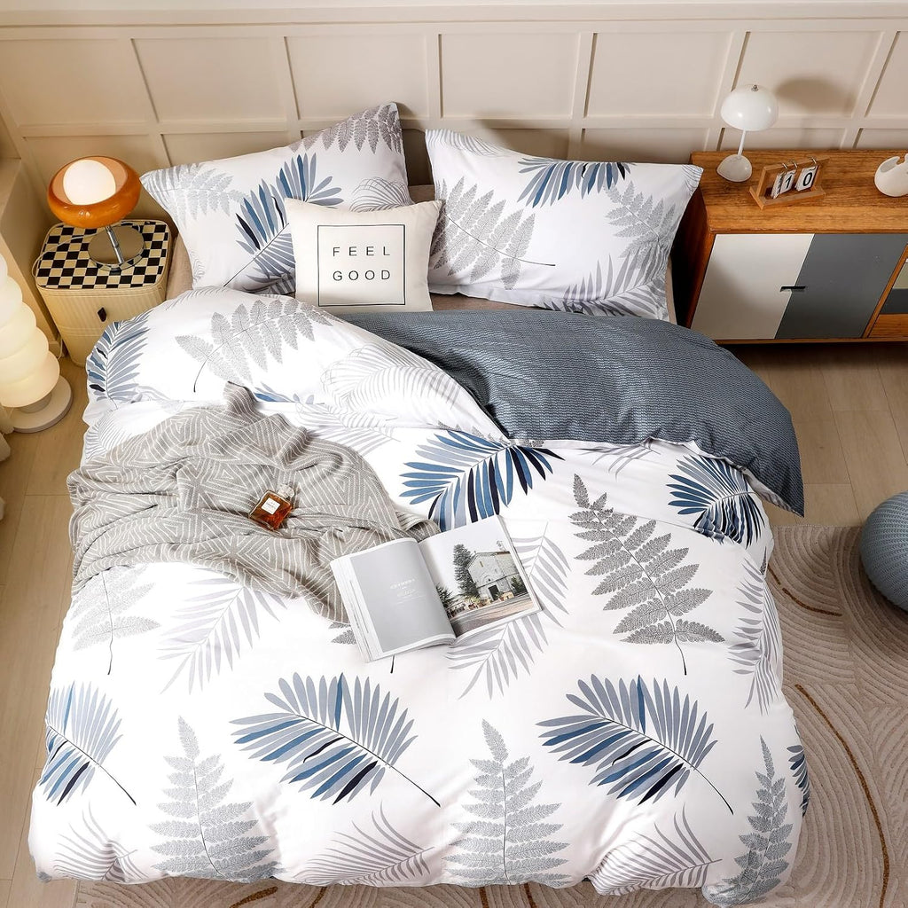 OAITE Queen Duvet Cover Set 3pcs 100% Cotton Blue Leaf